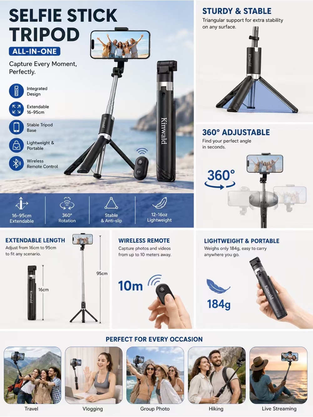 Black Selfie Stick Tripod with Wireless Remote